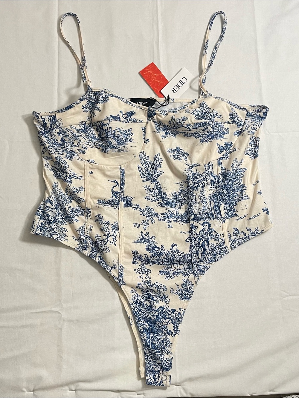 Plus size Cider bodysuit.  Blue White Toile de Jouy Scenic Print Bodysuit